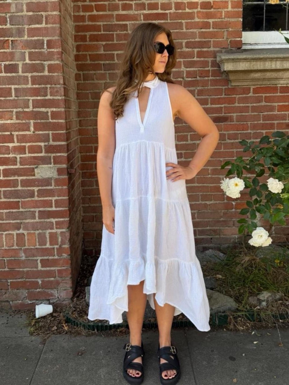 Honorine white 100% cotton halter dress with ruffle tiers sz XS #boho #oldmoney